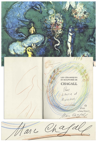 Beautiful, Original Artwork Signed by Marc Chagall in His Book, ''Les Ceramiques et Sculptures de Chagall''